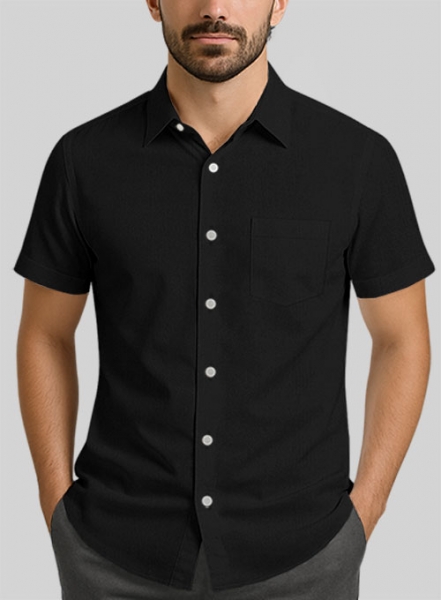 Black Herringbone Cotton Shirt - Half Sleeves