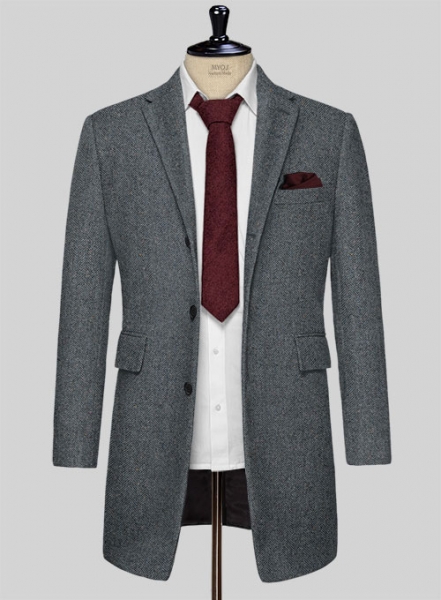 Mid Blue Herringbone Flecks Donegal Tweed Overcoat