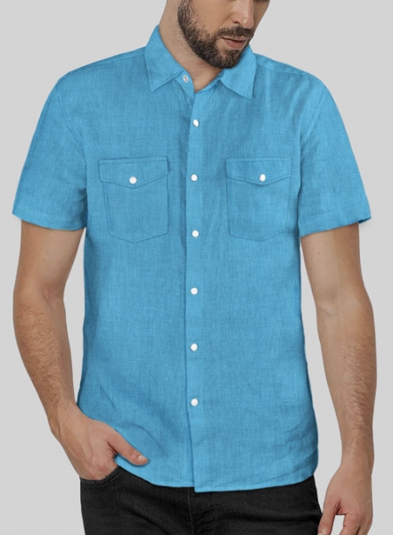 European Blue Linen Western Style Shirt - Half Sleeves