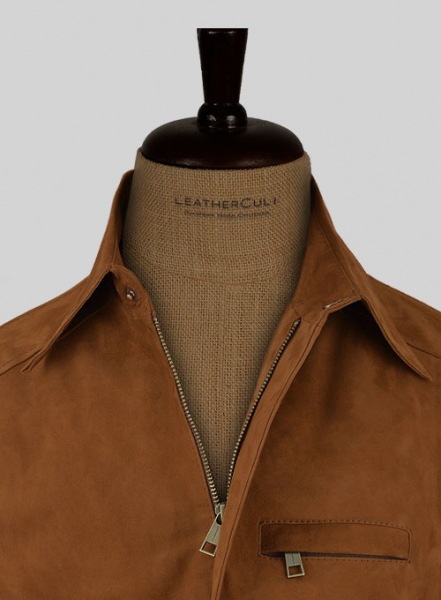 Soft Caramel Brown Suede Hunter Bomber Leather Jacket