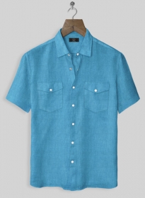 European Blue Linen Western Style Shirt - Half Sleeves