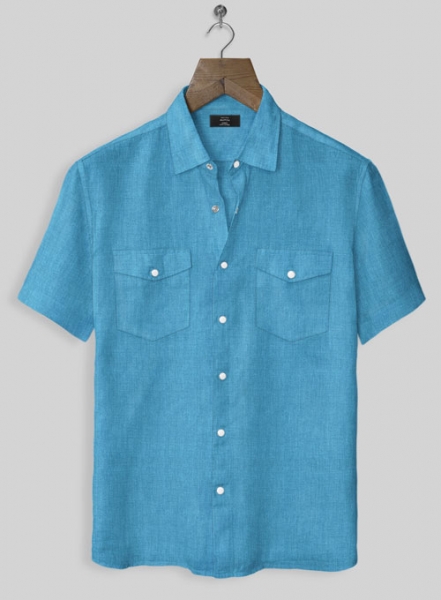 European Blue Linen Western Style Shirt - Half Sleeves