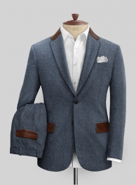 Vintage Herringbone Blue Tweed Suit - Leather Trims