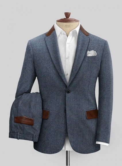 Vintage Herringbone Blue Tweed Suit - Leather Trims