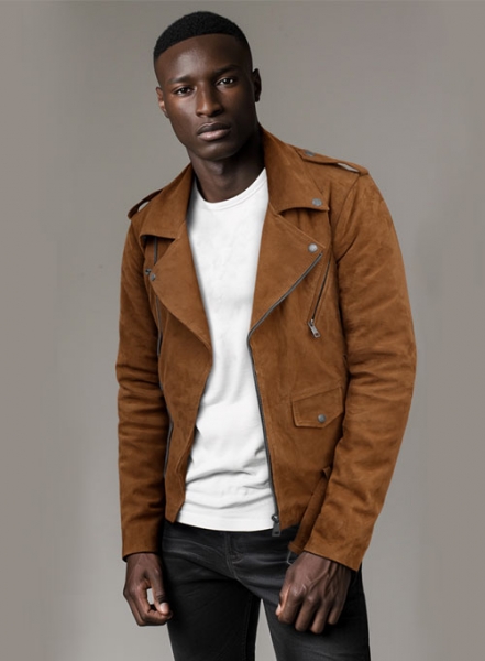 Caramel Brown Suede Pure Leather Biker Jacket #2