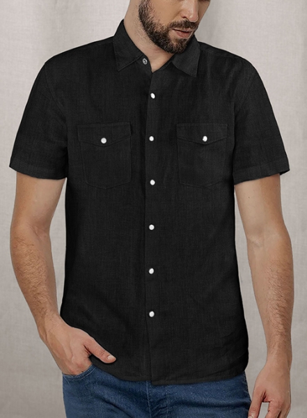 European Black Linen Western Style Shirt - Half Sleeves