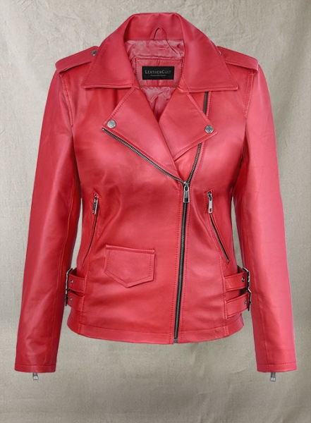 Soft Raspberry Red Gigi Hadid Leather Jacket #2