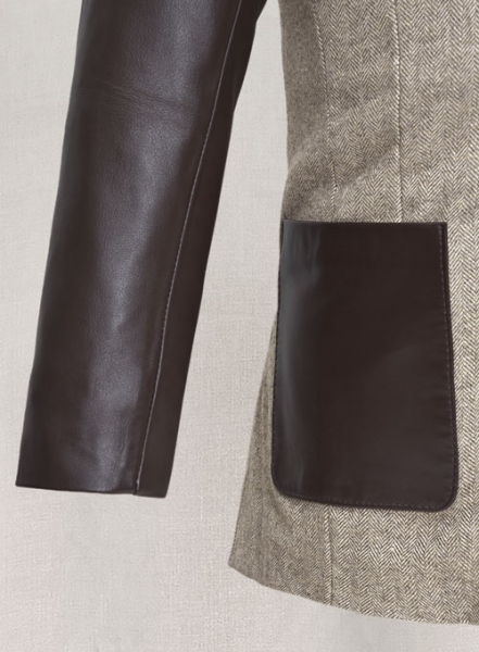 Vintage Herringbone Brown Tweed Leather Combo Blazer # 652