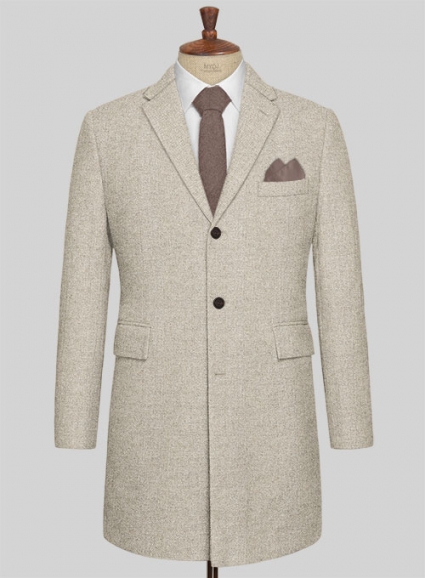 Vintage Herringbone Light Beige Tweed Overcoat