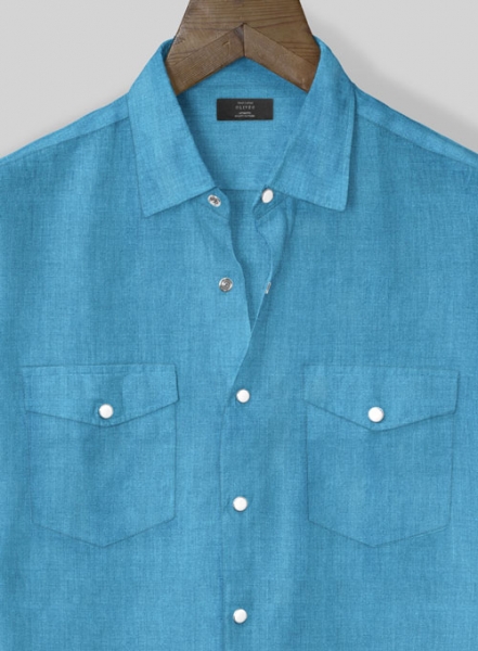 European Blue Linen Western Style Shirt - Half Sleeves