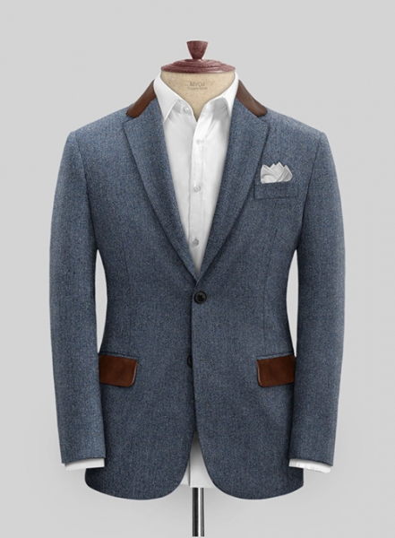 Vintage Herringbone Blue Tweed Suit - Leather Trims