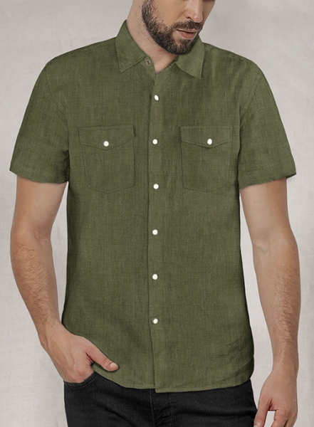 European Woodland Green Linen Western Style Shirt - Half Sleeves