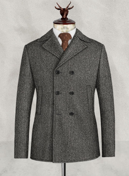 Harris Tweed Gray Herringbone Pea Coat