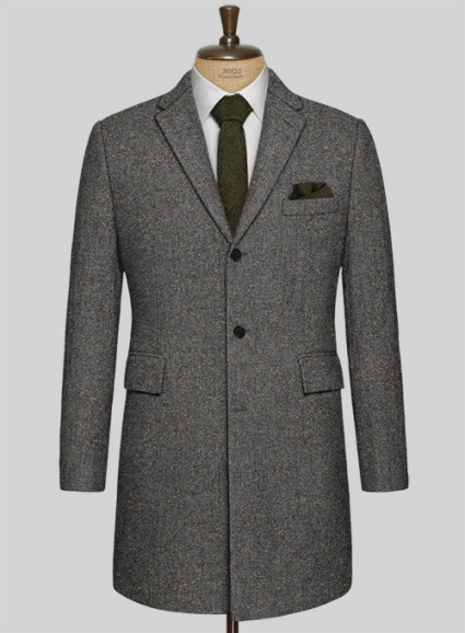 Gray Herringbone Flecks Donegal Tweed Overcoat