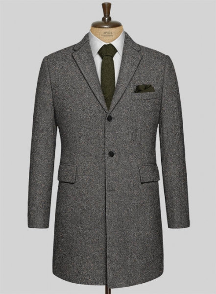 Gray Herringbone Flecks Donegal Tweed Overcoat