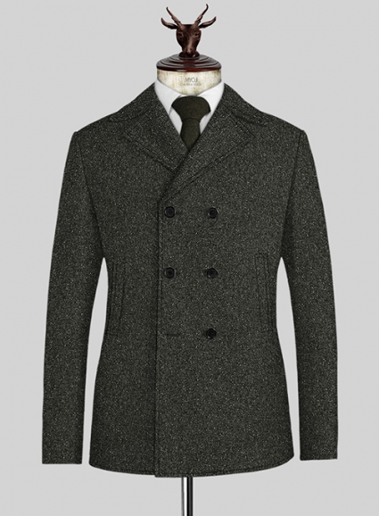 Dark Olive Flecks Donegal Tweed Pea Coat