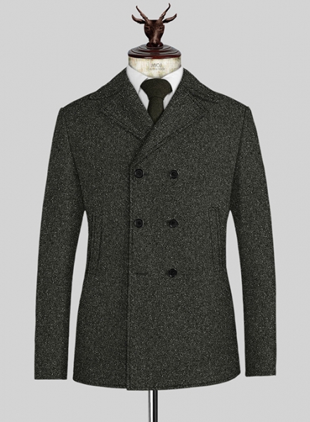 Dark Olive Flecks Donegal Tweed Pea Coat