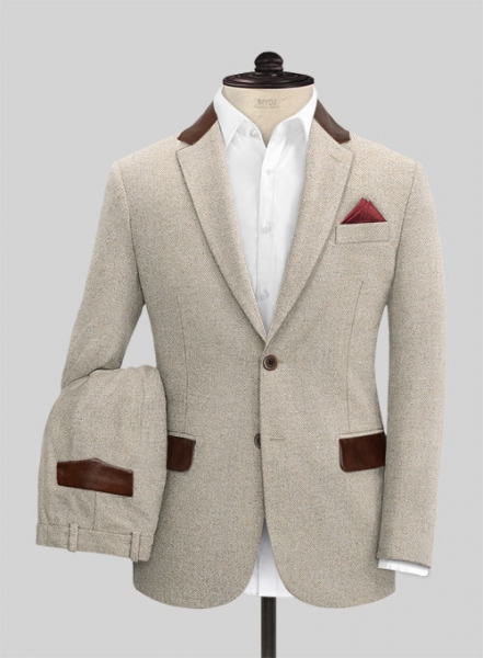 Vintage Herringbone Light Beige Tweed Suit - Leather Trims