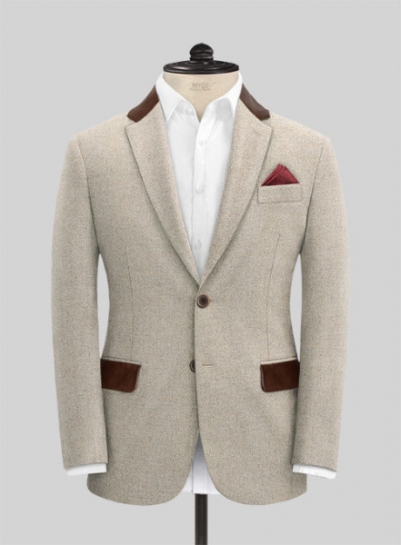 Vintage Herringbone Light Beige Tweed Jacket - Leather Trims
