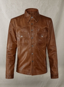 Cognac V Tab Leather Shirt Jacket