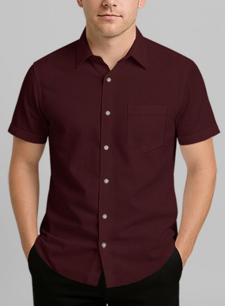 Burgundy Herringbone Cotton Shirt - Half Sleeves
