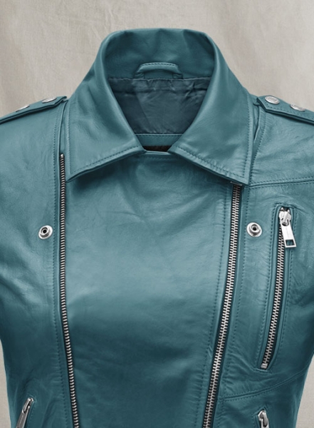 Prussian Blue Washed & Wax Jessica Alba Leather Jacket #2