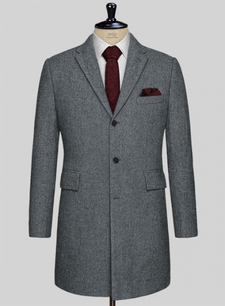 Mid Blue Herringbone Flecks Donegal Tweed Overcoat