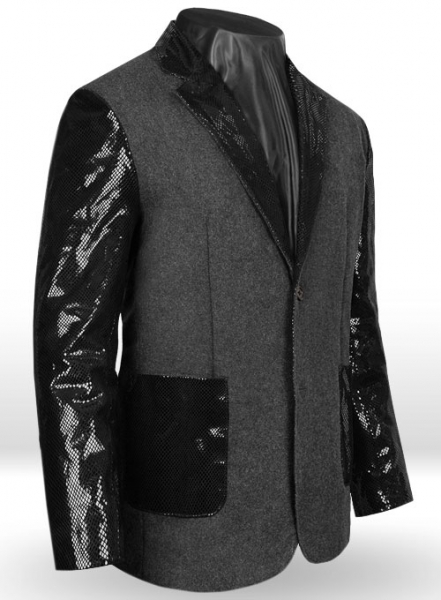 Vintage Plain Dark Gray Tweed Leather Combo Blazer # 652