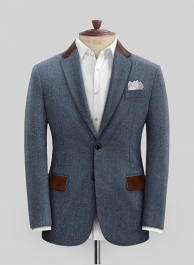 Vintage Herringbone Blue Tweed Jacket - Leather Trims Vintage Herringbone Blue Tweed Jacket - Leather Trims