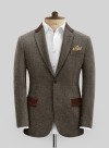 Vintage Dark Brown Herringbone Tweed Jacket - Leather Trims