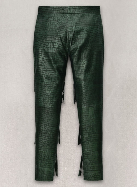 Croc Metallic Green Tiered Fringes Leather Pants