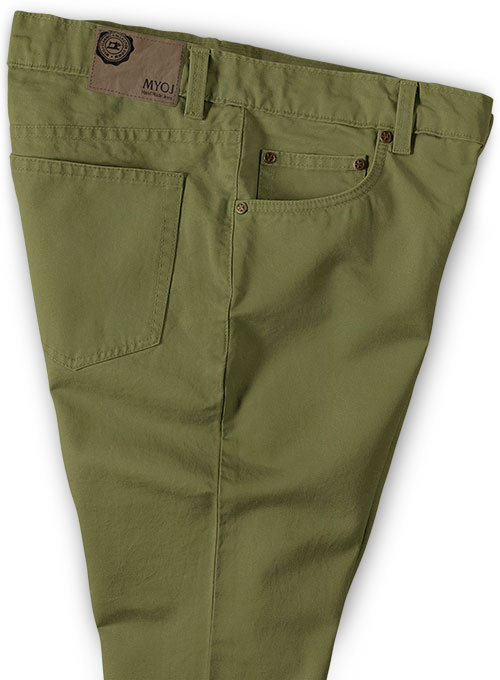 Green Feather Cotton Canvas Stretch Jeans - Click Image to Close