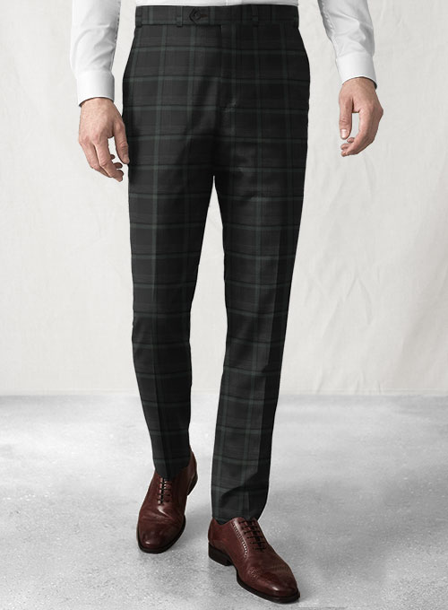 Reda Black Green Checks Wool Pants