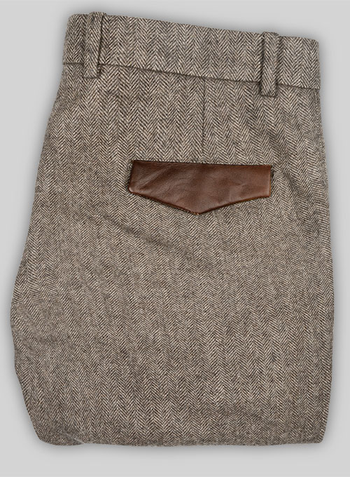 Vintage Dark Brown Herringbone Tweed Pants - Leather Trims - Click Image to Close