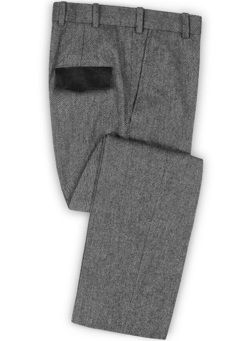 Vintage Herringbone Gray Tweed Pants Leather Trims Made To Measure