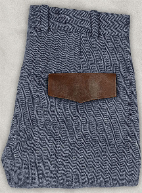 Vintage Herringbone Blue Tweed Pants - Leather Trims - Click Image to Close