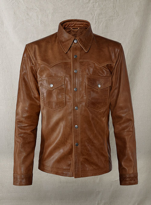 Cognac V Tab Leather Shirt Jacket