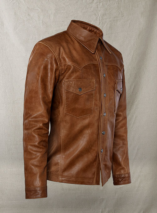 Cognac V Tab Leather Shirt Jacket