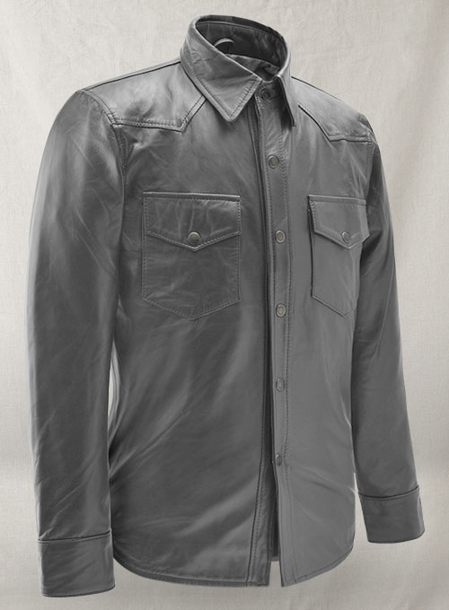 Gray Leather Shirt Jacket - #1S