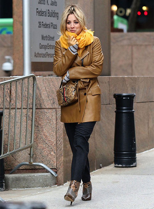 Kaley Cuoco The Flight Attendant Leather Trench Coat Kaley Cuoco The Flight Attendant Leather Trench Coat