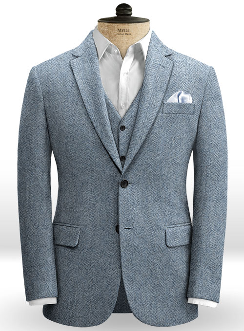 Light Blue Herringbone Tweed Jacket Made To Measure Custom Jeans For Men & Women