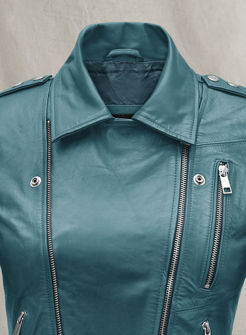 Prussian Blue Washed & Wax Jessica Alba Leather Jacket #2