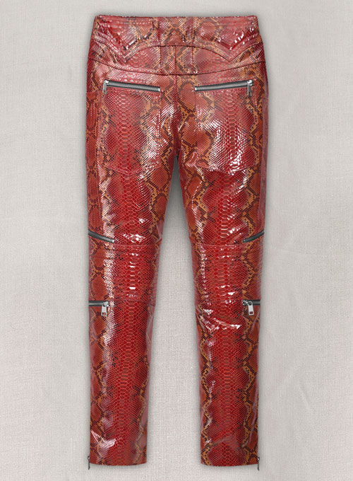 Bold Red Python Electric Zipper Mono Leather Pants - Click Image to Close
