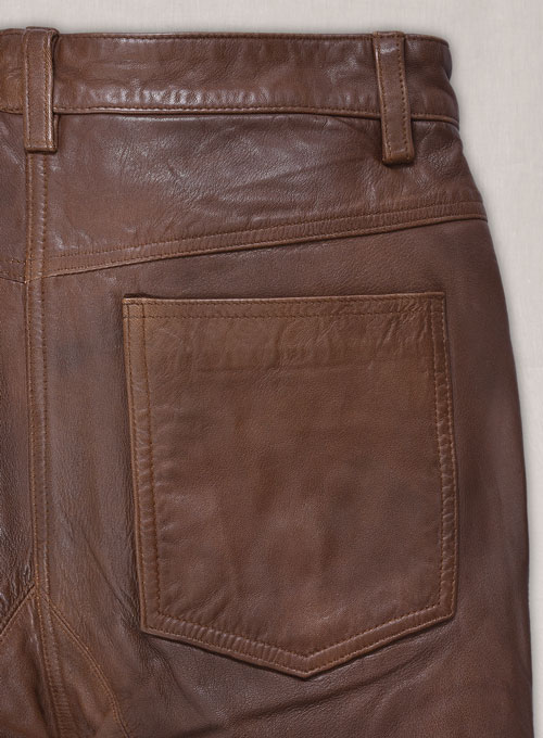 Spanish Brown Washed and Wax Leather Biker Jeans - Style #502
