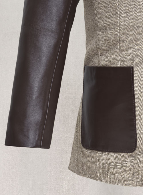 Vintage Herringbone Brown Tweed Leather Combo Blazer # 652