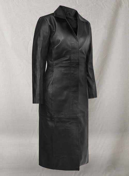 Black Selena Gomez Leather Long Coat