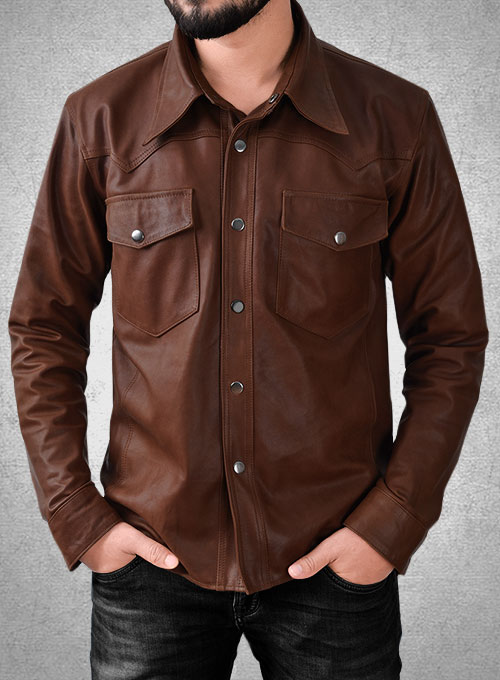 Light Weight Unlined Brown Leather Shirt - Click Image to Close