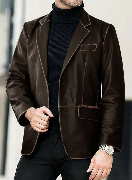 Rubbed Dark Brown Leather Blazer