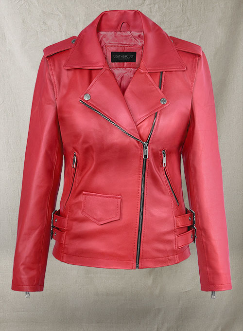 Soft Raspberry Red Gigi Hadid Leather Jacket #2