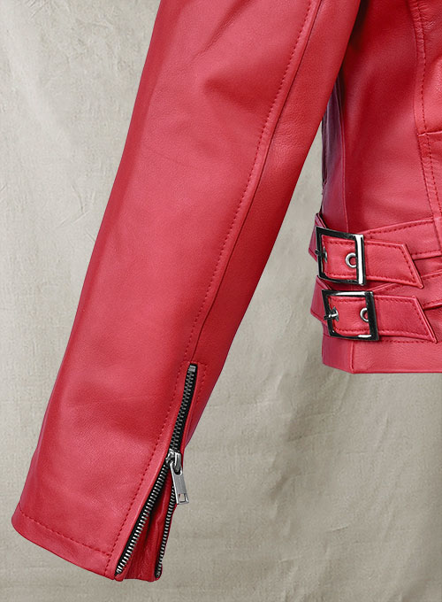Soft Raspberry Red Gigi Hadid Leather Jacket #2
